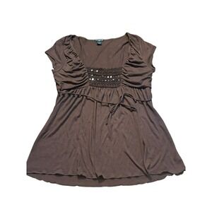 Y2K Babydoll FANG Brown Ruched Sequin Embellished Tie Waist Top Juniors XL